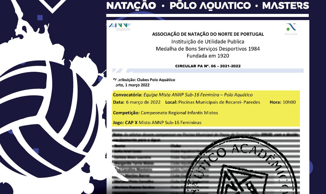 Ana Maria Vicente convocada para jogar na Equipa Mista da Associação de Natação do Norte de Portugal de Polo Aquático